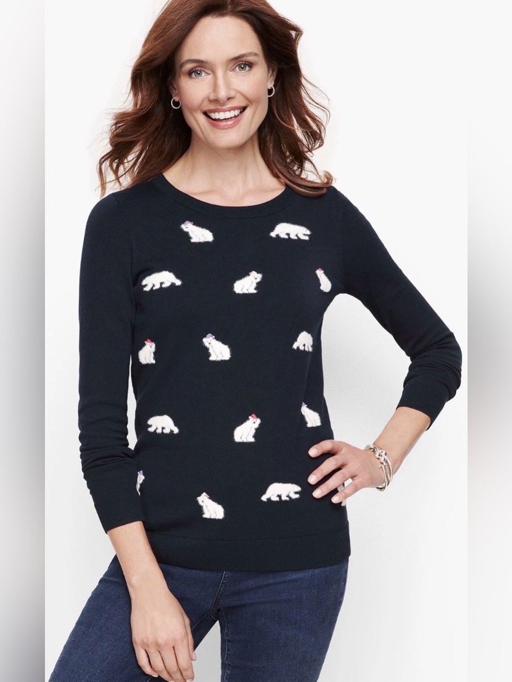 NEW! Talbots Santa Polar Bear Sweater XS Navy Fine Knit Holiday NEW WITH TAGS